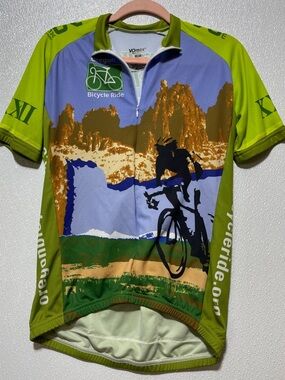 5/$25 VOMAX 'Bicycle Ride' Scenic Oregon Cycling Jersey in Lime & Blue